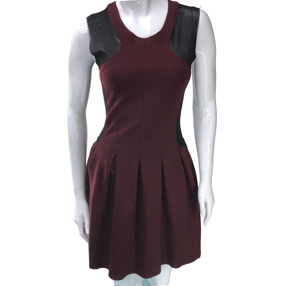 Maje Womens Size 2 Dress Maroon Black Mesh Cutouts Short Sleeve Knee Length